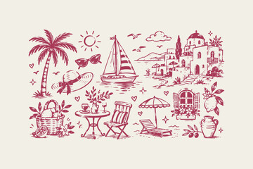 Summer vacation doodle set with palm tree sailboat mediterranean houses and beach accessories in sketch style Vector © Foysal