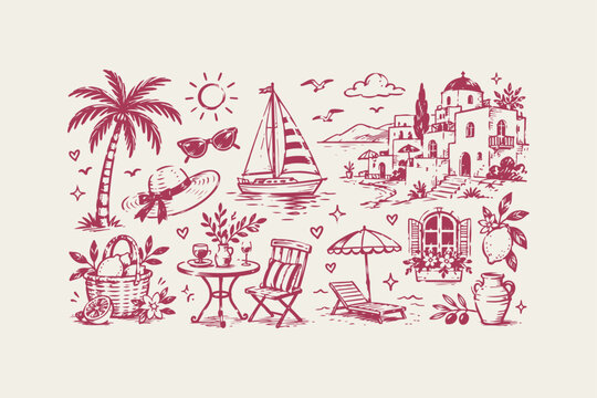 Summer vacation doodle set with palm tree sailboat mediterranean houses and beach accessories in sketch style Vector
