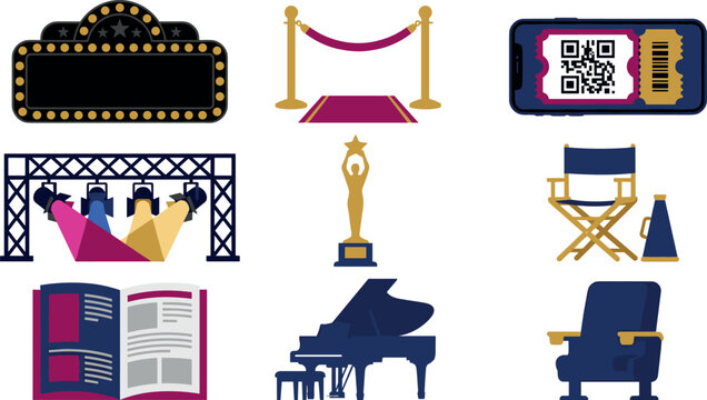 Premium Movie Premiere and Theater Event Icon Set with Red Carpet Marquee Sign Digital Ticket Award Trophy and Stage Lights Vector Illustration