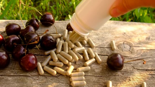 Cherry extract in supplements. Selective focus.
