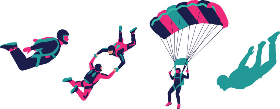 Professional Parachuting and Skydiving Character Set with Extreme Sports Athletes in Free Fall, Tandem Flying, and Parachute Gliding Vector Illustration