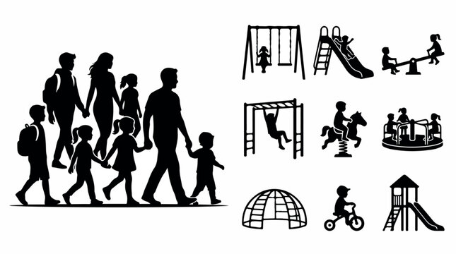 Family walking silhouette set, children playing on playground equipment icons, black vector silhouettes of parents and kids at park isolated PNG with Transparent Background