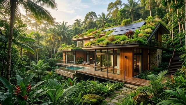 Modern Sustainable Eco-Friendly Forest Villa with Green Roof and Solar Panels in Tropical Nature