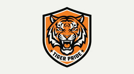 Fototapeta premium Fierce Tiger Head Emblem, Roaring, Orange and Black Shield Logo, Wildlife Symbol