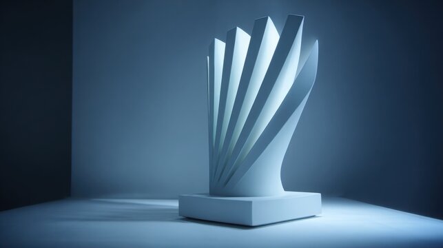 Modern abstract sculpture with dynamic geometric forms illuminated by soft light on a minimalist pedestal