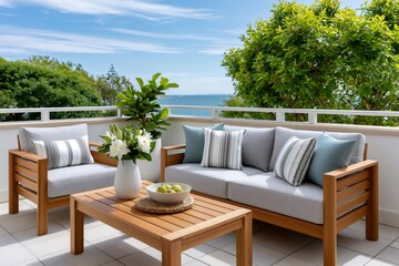 Fototapeta premium Outdoor lounge furniture overlooking ocean view balcony