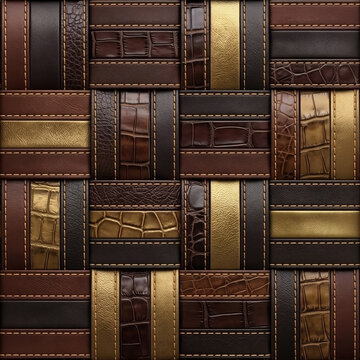 Premium brown leather woven weave texture mixed with luxury gold metallic straps seamless pattern