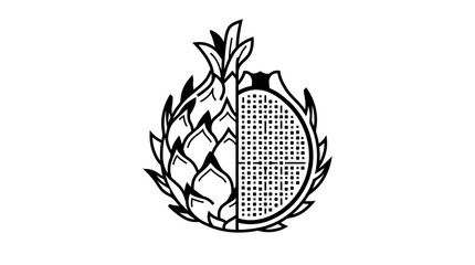Obraz premium Black and white illustration of a dragon fruit, halved to display its unique scaly exterior and intricate, seed-dotted interior, ideal for tropical food branding