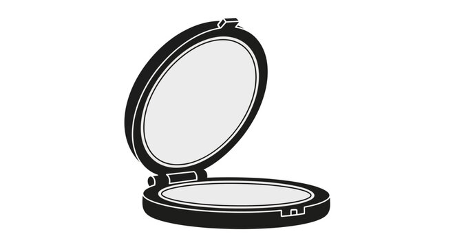 An open compact powder makeup container with its mirror reflecting a blank white surface, showcasing its simple design and portability