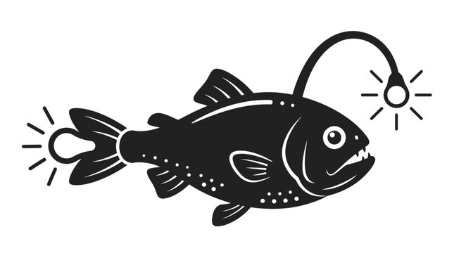 Black silhouette of a bioluminescent deep-sea anglerfish with a glowing lure, showcasing its unique adaptation for hunting in the dark ocean depths