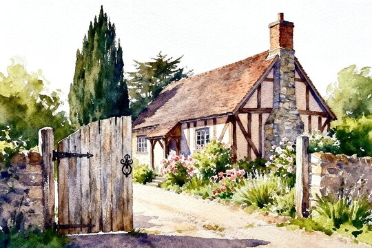 Charming Watercolor Cottage with Garden Gate