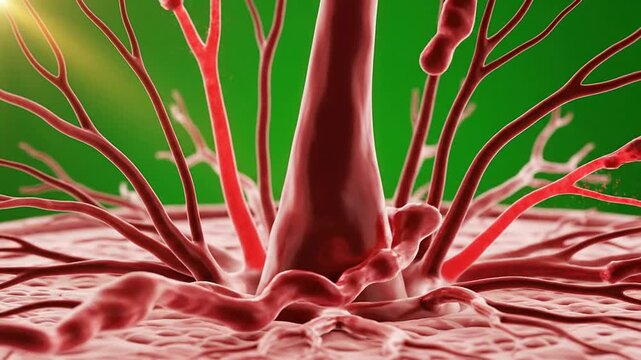 Dynamic Close-Up of Red Blood Vessels And Cells Illustrating Vascular Structure Against Green Background for Educational And Medical Use