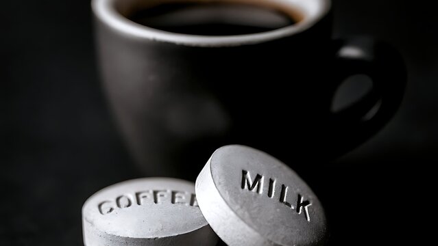 Two pills with engraved words coffee and milk in front of black espresso cup future food concept