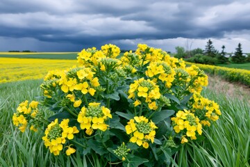 Fototapeta premium Canola field blooming under dramatic stormy sky