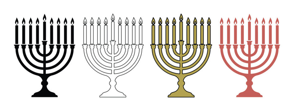 Hanukkah Menorah Icon Set, a collection of nine-branched candelabrum symbols, vector illustrations for Jewish holiday designs, religious celebrations, and cultural events