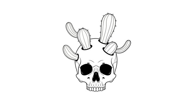 A striking line art illustration of a skull with cacti growing from its eye sockets and head