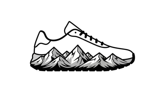 Monochromatic vector emblem of an athletic running shoe featuring a robust mountain range motif, symbolizing endurance, adventurous spirit, and the thrill of outdoor pursuits