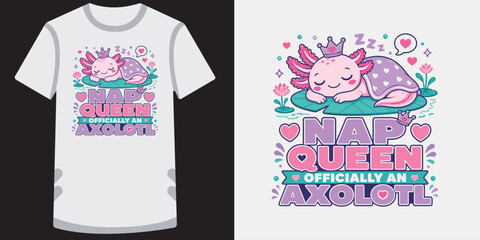 Cute axolotl queen sleeping on lily pad with crown and hearts design. © md
