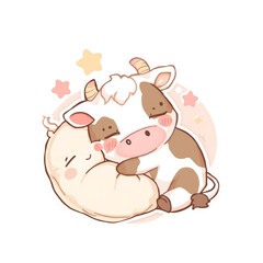 Fototapeta premium Cute Sleeping Cow Hugging Pillow Kawaii Cartoon Illustration