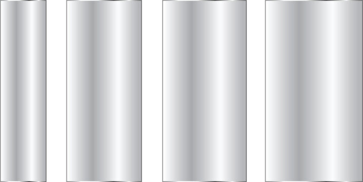 Set of four metallic silver rectangular banners or buttons with gradient texture, glossy chrome effect, vector illustration for web design elements