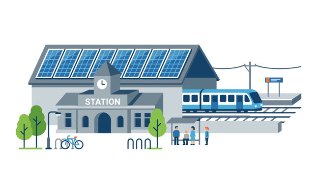 Modern train station with solar panels and eco-friendly transport options