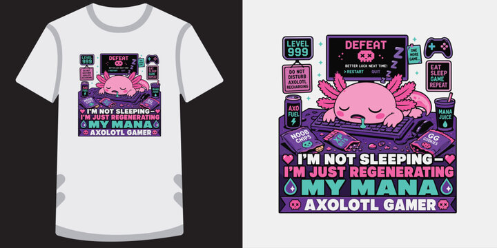 Sleeping axolotl gamer character regenerating mana after game defeat concept for tshirts.