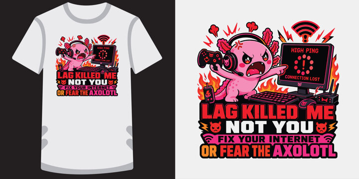 Angry axolotl gamer pointing at screen with high ping connection lost error art design.