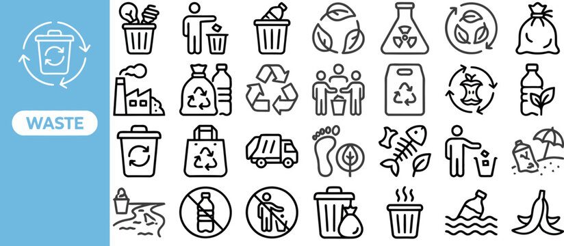 Waste Recycling outline icon set. Featuring can, bag, trash bin, dump truck, and sorting box symbols. Editable stroke vector icons for cleanup and disposal service.