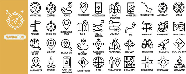 Navigation Map outline icon set. Featuring compass, route, radar, pin marker, and signpost symbols. Editable stroke vector icons for gps travel and city wayfinding. © Pixel_Forge