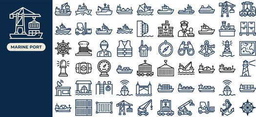 Marine Port outline icon set. Featuring anchor, buoy, crane, lighthouse, and container ship symbols. Editable stroke vector icons for logistics and freight harbor. © Pixel_Forge
