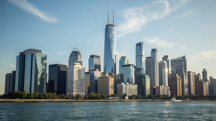 Fototapeta premium Luxury financial district skyline with modern office tower and waterfront sunlight reflecting