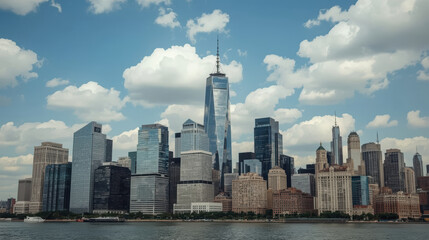 Fototapeta premium Modern financial district skyline with reflective glass towers under blue sky, serene mood