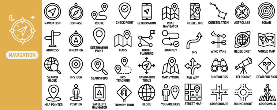 Navigation Map outline icon set. Featuring compass, route, radar, pin marker, and signpost symbols. Editable stroke vector icons for gps travel and city wayfinding.