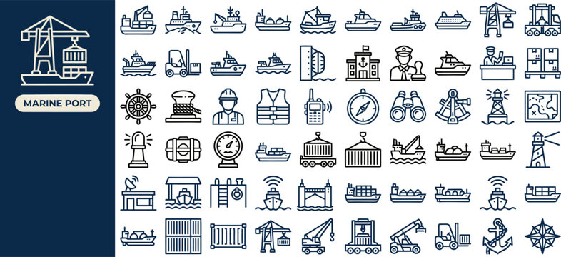 Marine Port outline icon set. Featuring anchor, buoy, crane, lighthouse, and container ship symbols. Editable stroke vector icons for logistics and freight harbor.