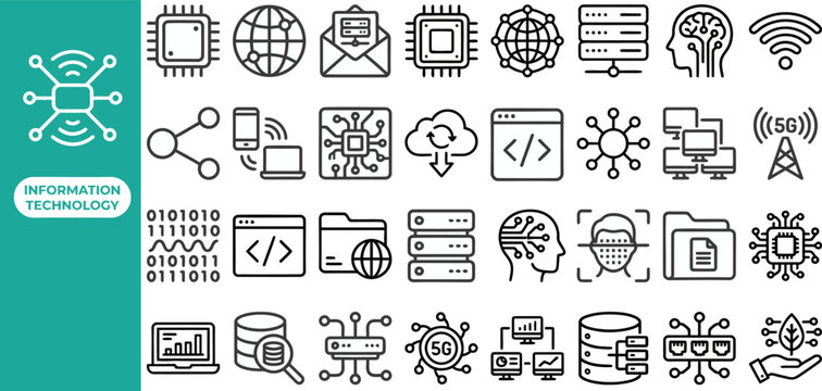 Network Technology outline icon set. Featuring router, database, cloud, firewall, and server rack symbols. Editable stroke vector icons for it support and data center.