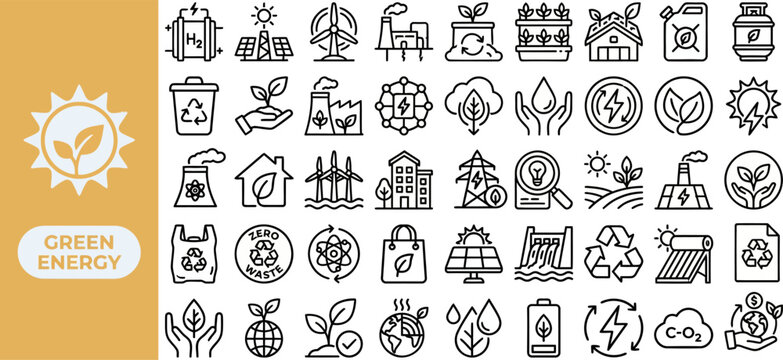 Green Energy outline icon set. Featuring battery, biofuel, solar panel, wind turbine, and hydro dam symbols. Editable stroke vector icons for sustainability and eco startup.