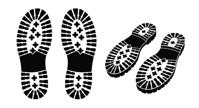 Boot sole imprints in black silhouette footwear imprint track footstep shoe rubber tread grip pattern design