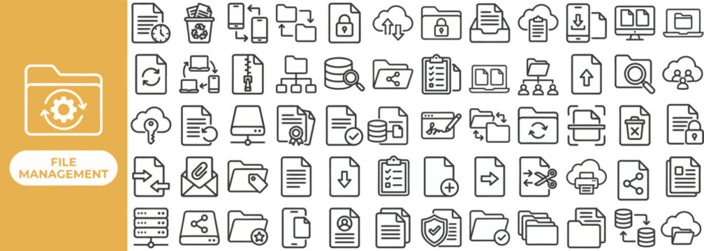 File Management outline icon set. Featuring folder, upload, sync, download, and drive symbols. Editable stroke vector icons for cloud storage and document organizer.