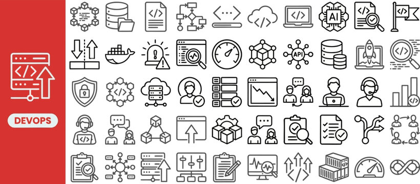 DevOps outline icon set. Featuring code, server, cloud, gear, and pipeline symbols. Editable stroke vector icons for ci cd automation and container deployment.