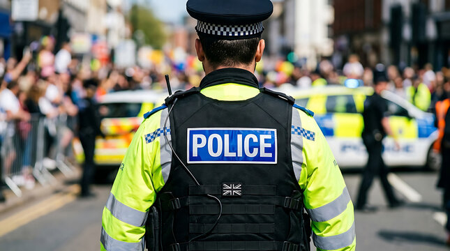 Rear View of a British Police Officer in HighVisibility Uniform and Tactical Vest Monitoring a Large Public Event and Crowd on a City Street