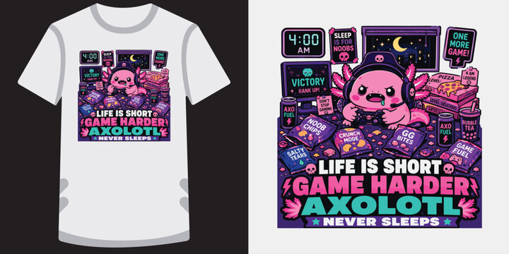 Life is short game harder axolotl never sleeps gaming t-shirt design for night owl gamers.