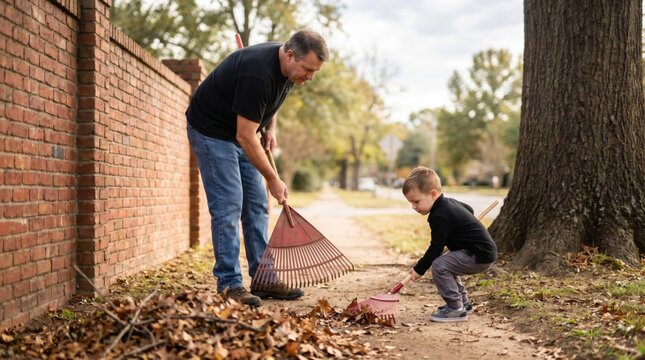 Adult and young boy raking fallen leaves in a suburban yard during autumn highlighting family bonding and outdoor seasonal chores in a peaceful neighborhood setting