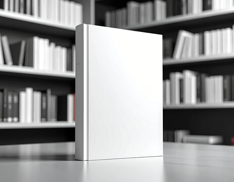 Blank White Book Mockup Standing on Table in Library