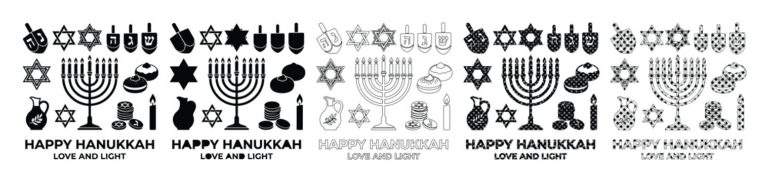 Happy Hanukkah vector icon set, traditional Jewish holiday symbols, modern Chanukah celebration elements, black and outline graphics for festive designs, greeting cards, and web assets