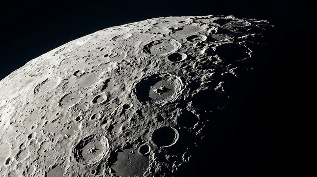 Close-up view of the moon's surface with craters and terminator line