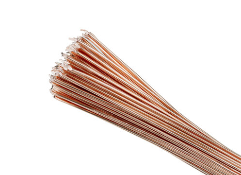 Macro shot of a fanned bundle of thin copper wires, clean white isolated surface