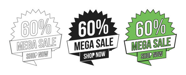 Obraz premium 60% Mega Sale vector badge set, three modern discount labels with 'Shop Now' text, black, green, and outline styles for e-commerce promotions