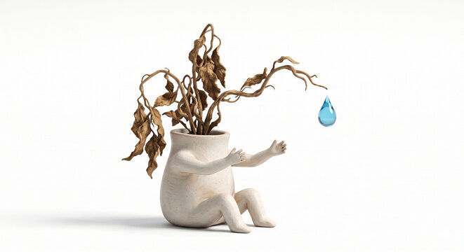 一滴の水に手を伸ばす枯れた植物の鉢植え（渇き・環境問題）