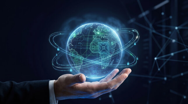 Cybersecurity data protection network globe hologram secure connection digital privacy secure server internet security encryption technology virtual shield cloud defense global safety concept