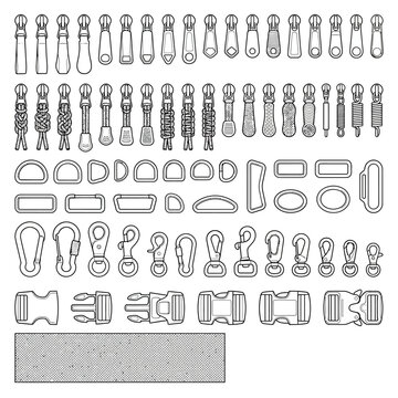 Collection of various zipper pulls, buckles, and metal rings, line art vector illustration for design elements.